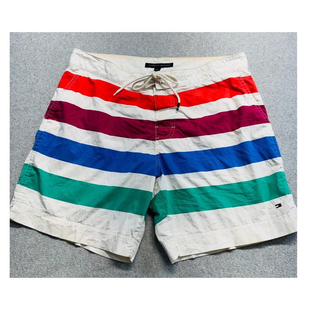 Tommy Hilfiger Mens M Swim Trunks Multicolor Stripe Board Shorts Lined Classic
